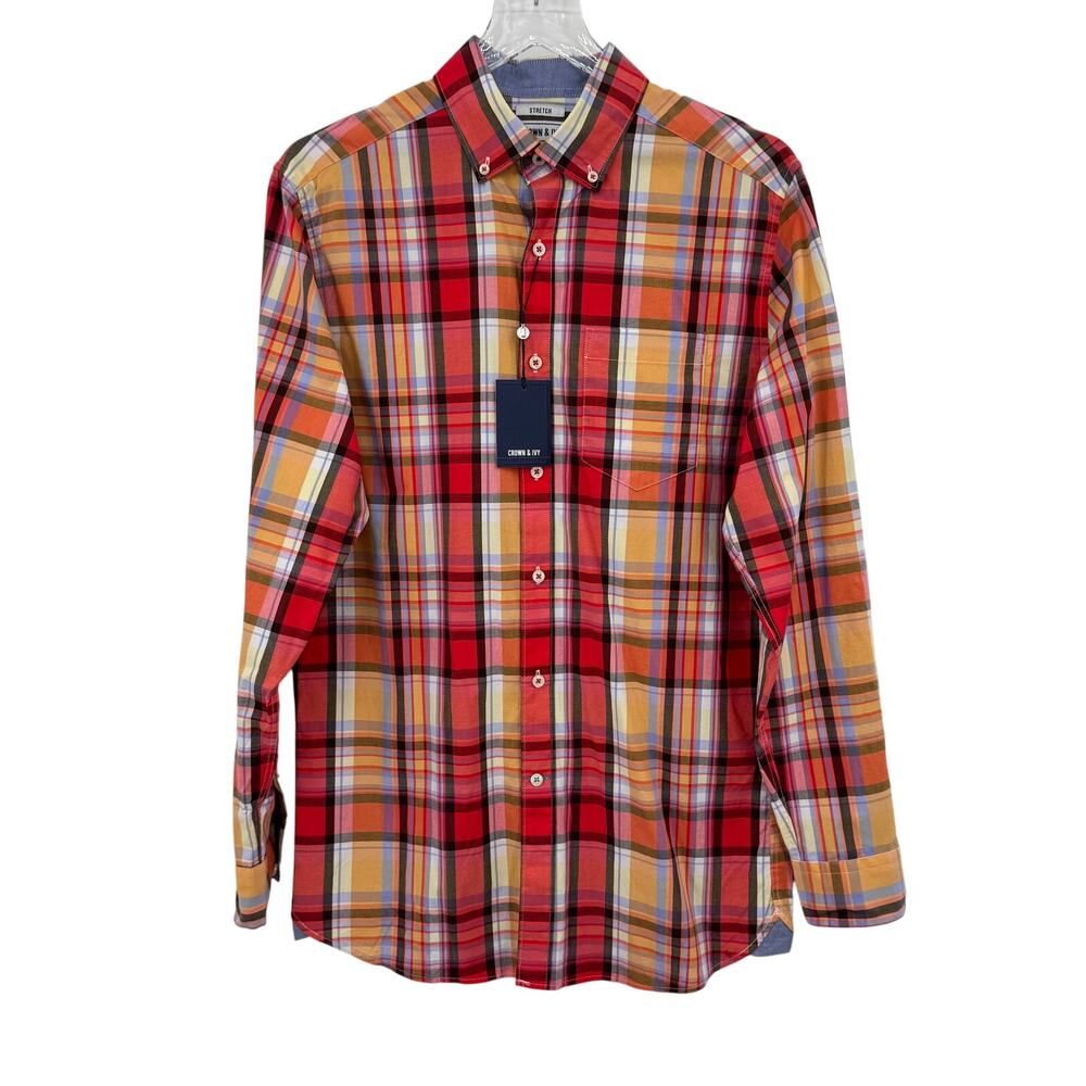 Crown & Ivy shirt men's small stretch button down plaid coral red casual NEW